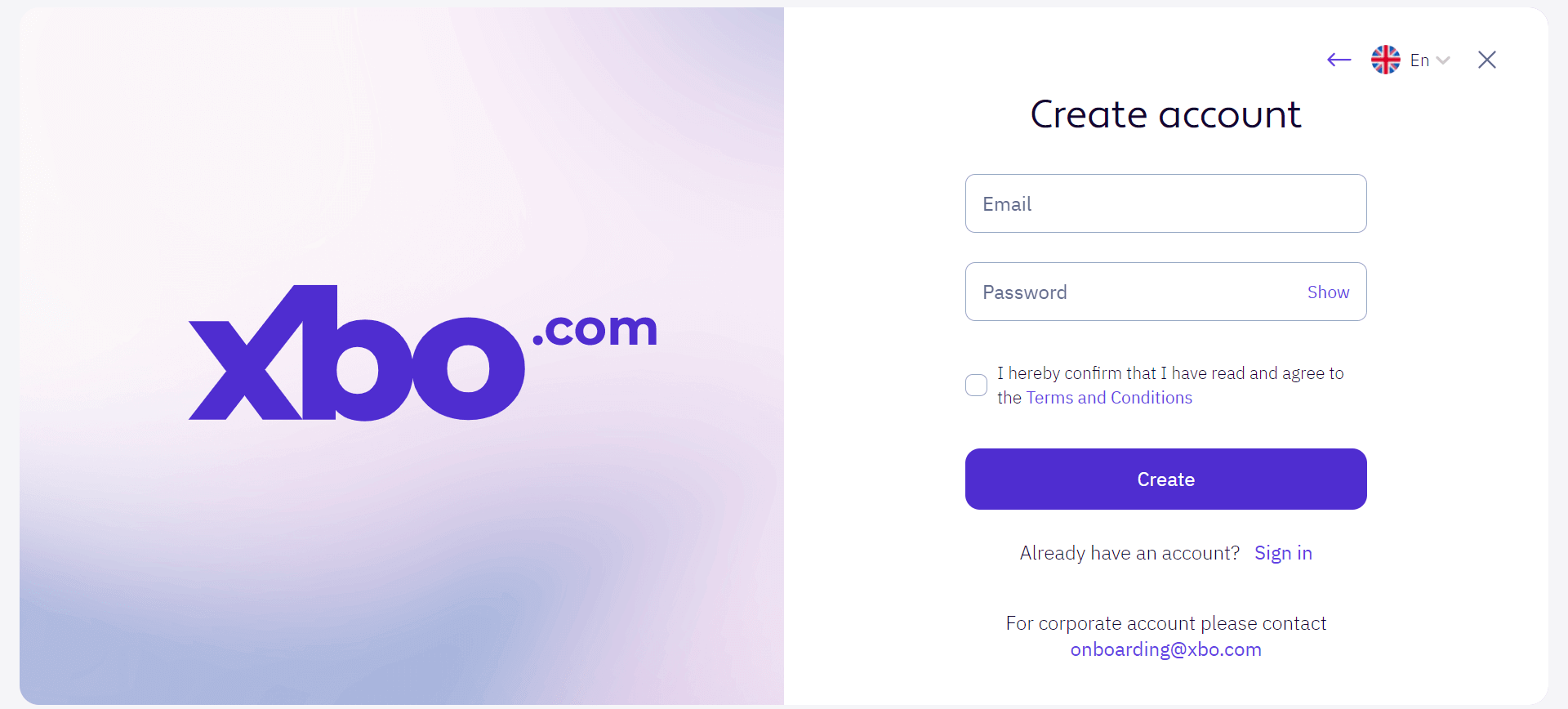 XBO.com Sign Up Process