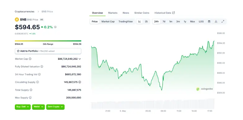 BNB 24 hours chart
