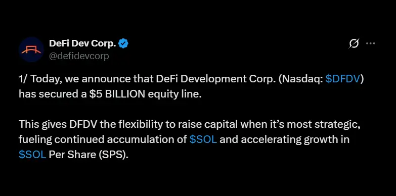 DeFi Dev Corp. secures $5 billion ELOC to boost Solana holdings