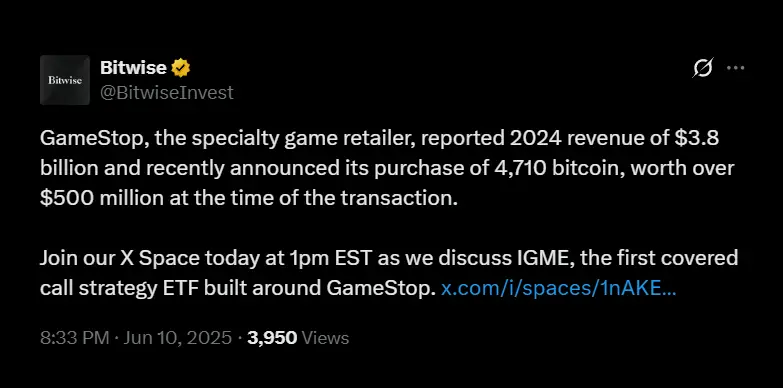 GameStop purchases 4,710 Bitcoin worth $500M and Bitwise announces launch of $IGME