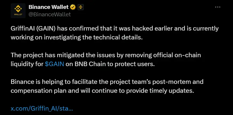 Binance confirming the Griffin hack and working with GriffinAI team on investigation and compensation
