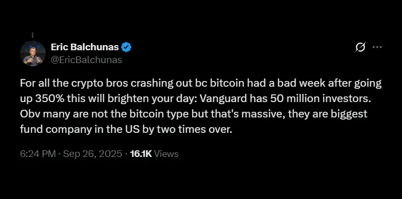 Vanguard Prepares to Open Brokerage to Crypto ETFs 4 Eric Balchunas thinks this decision by Vanguard could drive massive adoption