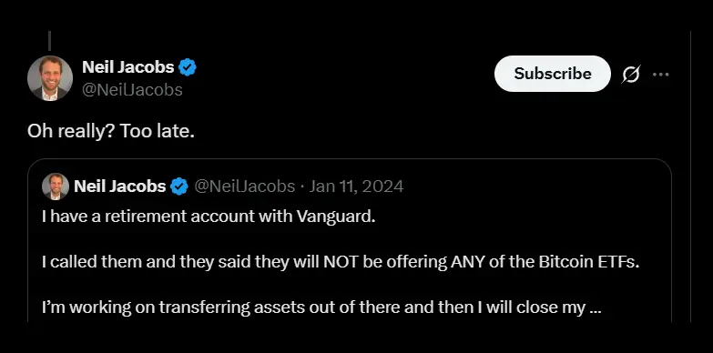 Vanguard Prepares to Open Brokerage to Crypto ETFs 3 Neil Jacobs commenting that vanguard might be a little late to the party