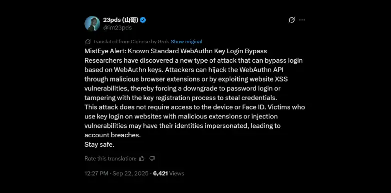 SlowMist's CISO Warns of WebAuthn Key Login Vulnerability 2 SlowMist CISO warns of emerging cyber threat