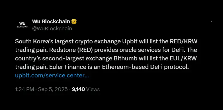 Upbit and Bithumb have listed Redstone and Euler respectively on September 5, 2025. Upbit and Bithumb have listed Redstone and Euler respectively on September 5, 2025.