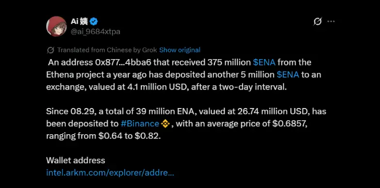 Ethena Whale Dumps $26M ENA Amid Hyperliquid USDH Bid 2 X user highlights whales dumping ENA worth $26 million to Binance