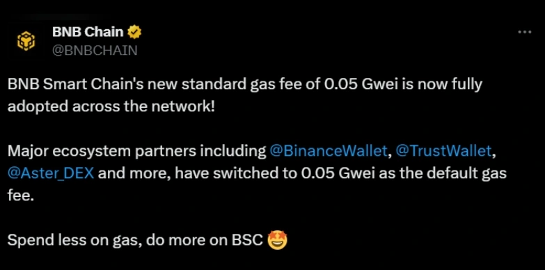 BNB announces new gas fees