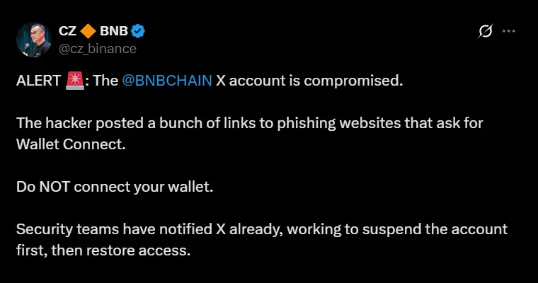 CZ confirms BNB Chain's X account being compromised