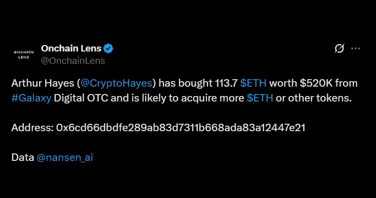 Onchain Lens highlights Arthur Hayes buying a large amount of ETH