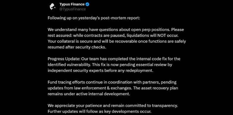 Typus Finance Confirms Funds Safe After Perp Pause, Awaits Audit 2 Typus Finance confirms safety of user funds through an X post
