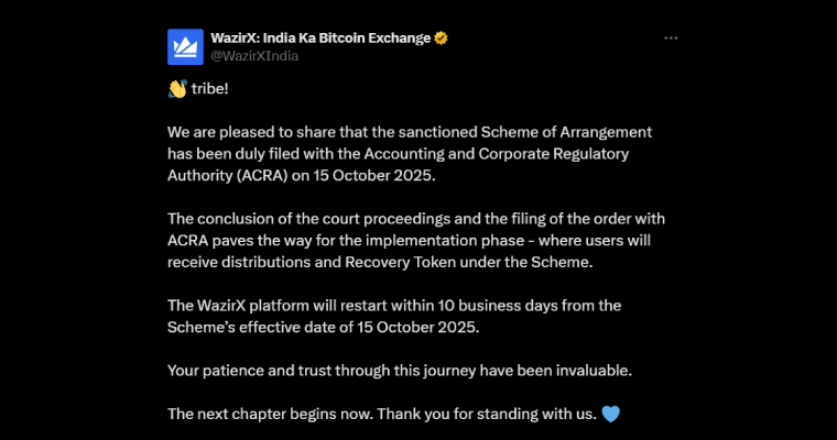 WazirX announces that the platform will restart within the next 10 business days